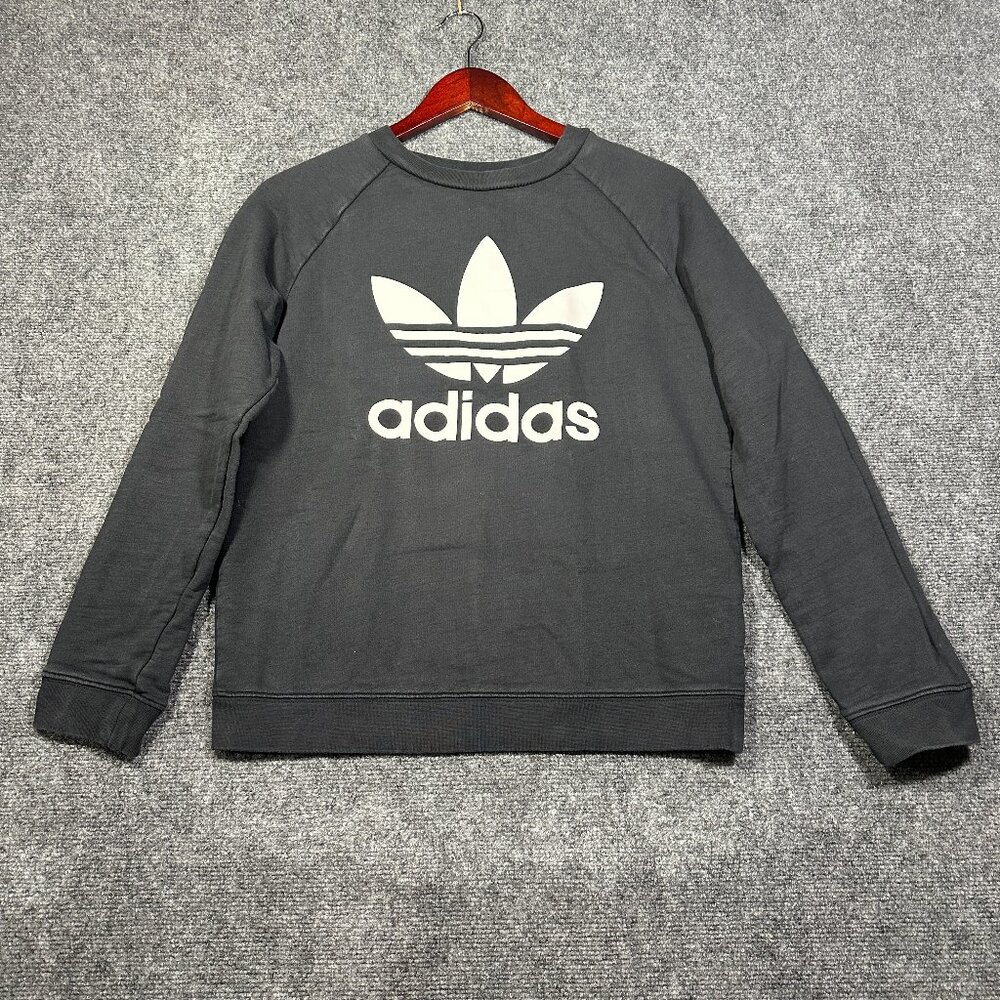 Adidas Trefoil Sweatshirt Womens Medium Black Cotton Rib Hem Cuffs  White Logo